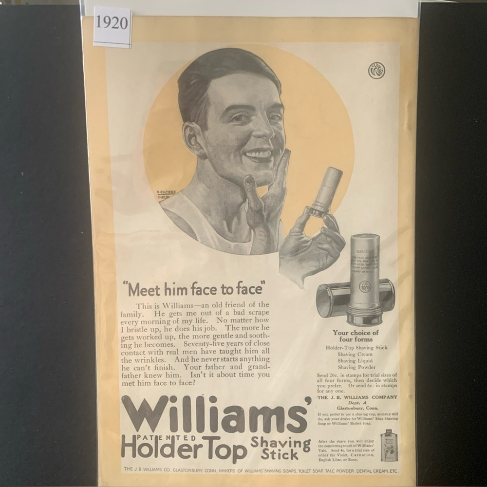 Vintage 1920 Williams' Shaving Stick Meet Him Face To Face Ad Advertisement